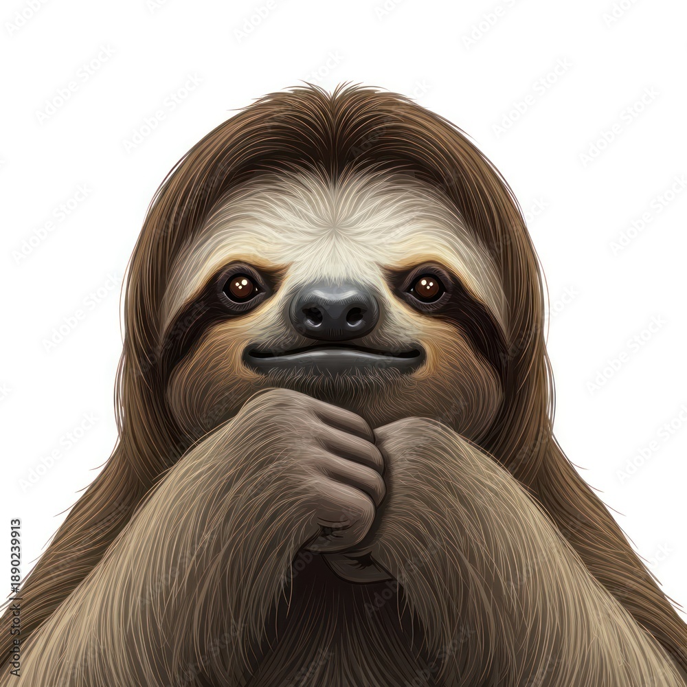 Obraz premium A digitally rendered sloth with a contemplative expression, set against a plain white background.