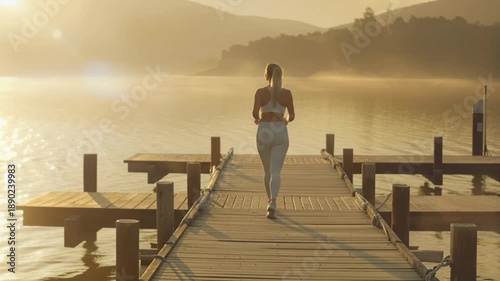 Woman Jogging on Dock at Sunrise