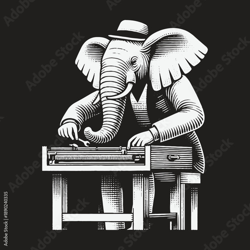 Elephant in Suit Typing on Typewriter: A Vintage Engraving.