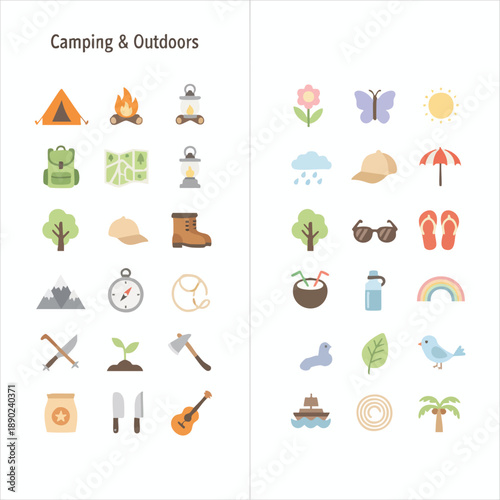 A colorful illustration of camping and outdoor icons on transparent background