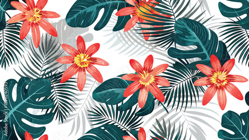Tropical passionflowers bloom amidst lush palm leaves showcasing vibrant orange tones and exotic foliage in a seamless pattern