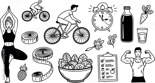 Black and white vector art of woman practicing yoga and men cycling with fitness diet elements including measuring tape clock and healthy food