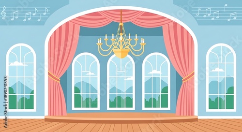 Elegant Ballroom Interior with Stage Pink Curtains and Chandelier.