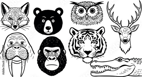 Black and white flat design vector collection of animal heads including fox, bear, owl, walrus, gorilla, tiger, deer, and crocodile detailed line art