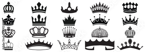 Collection of diverse black silhouette royal crown icons perfect for majestic graphic design projects