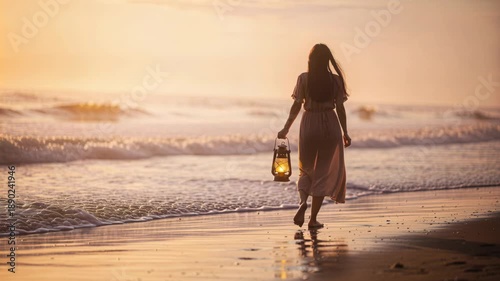 Woman Walking on Beach at Sunset Holding Lantern