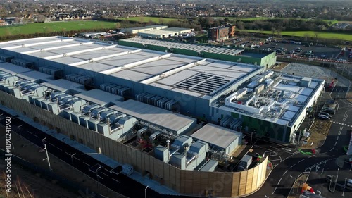 Overhead Perspective of a State of the Art Data Center Facility with Advanced Thermal Management and Backup Power Systems in the UK
