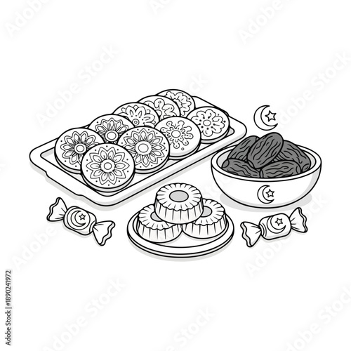 Colorful illustration of assorted sweet treats for Ramadan