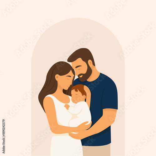 A gentle illustration of a happy family holding their newborn baby, showing warmth, love, and care. The parents embrace the child tenderly, symbolizing connection, protection, and the joy of new life