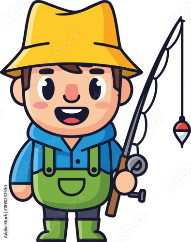 Cartoon boy fishing enthusiast in green overalls holding rod near water