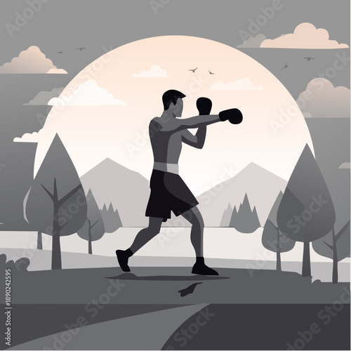 Silhouette d’un boxeur en plein air sur fond naturel dramatique