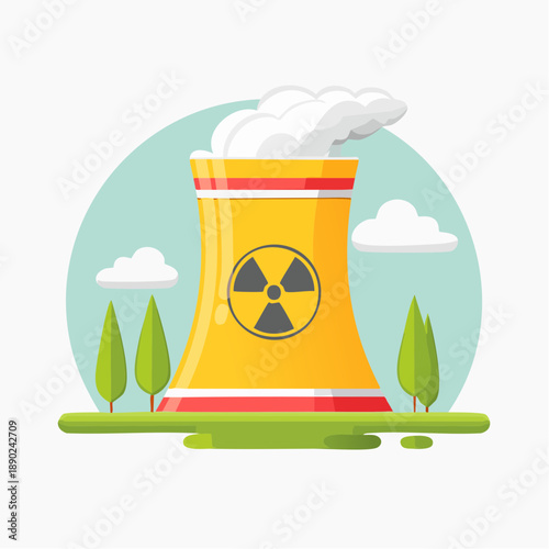 Illustration stylisée de centrale nucléaire avec symbole radioactif et vapeur