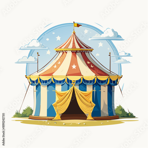 Illustration festive d’un chapiteau de cirque rouge, blanc, bleu avec décorations étoilées