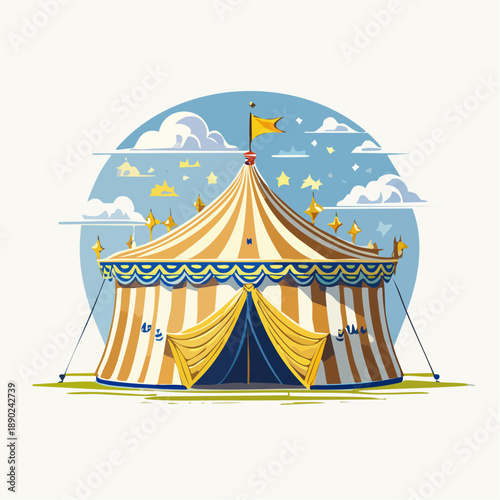 Illustration festive d’un chapiteau de cirque, ciel bleu