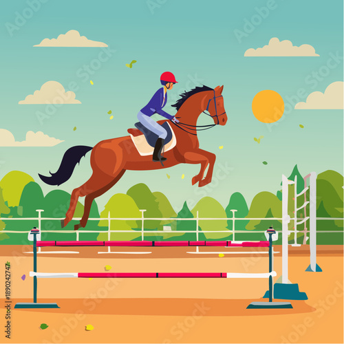 Equestrian Jump – Horse and Rider Mid-Air over Obstacle on Sunny Day