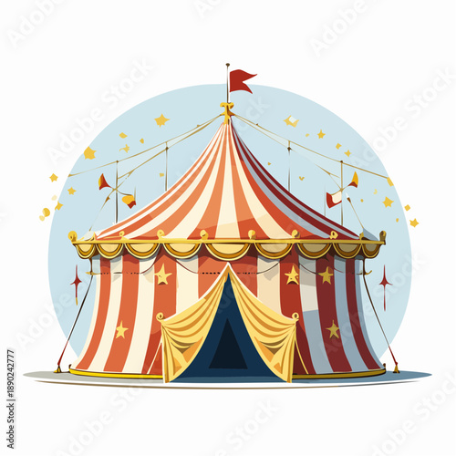 Illustration festive d’un chapiteau de cirque rouge et blanc avec décorations étoilées