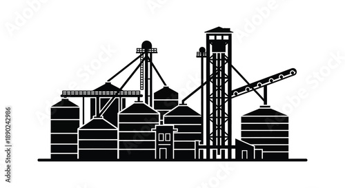 A stark black silhouette depicts a complex industrial grain elevator facility with various structures and machinery silhouette high quality professional detailed