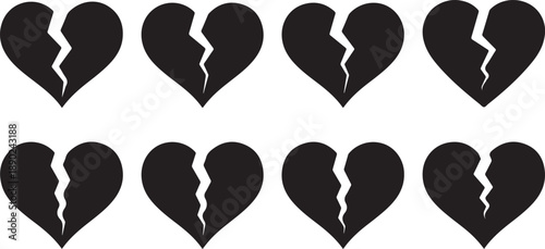 Collection of eight black broken heart icons on a white background