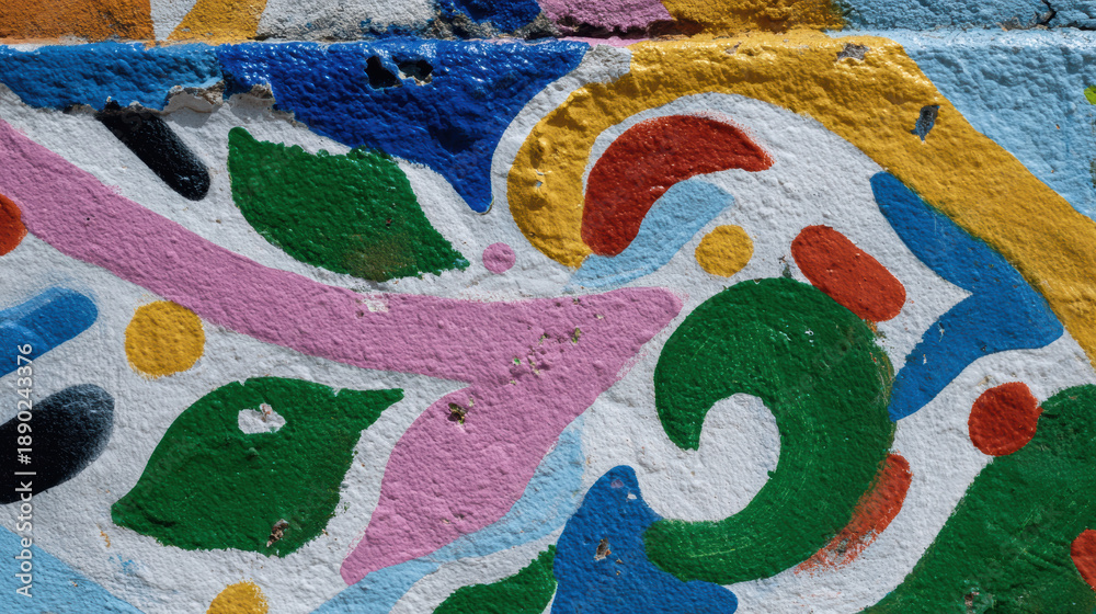 Fototapeta premium Colorful abstract mural pattern, street art wall, vibrant graffiti design, painted texture, urban detail colorful abstract mural