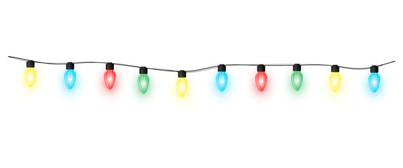 Realistic warm glowing string lights or christmas fairy light overlay with blue green red yellow colorful illumination for wedding festive event celebration and decoration on transparent background