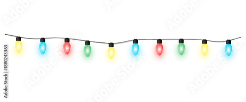 Realistic warm glowing string lights or christmas fairy light overlay with blue green red yellow colorful illumination for wedding festive event celebration and decoration on transparent background