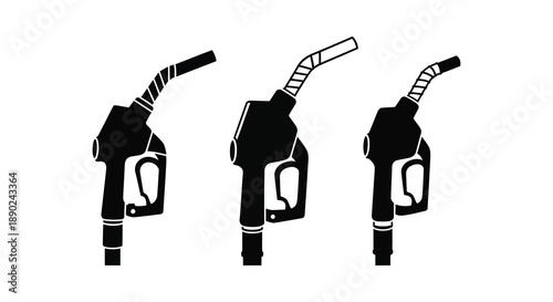 Three black gas pump nozzles are displayed against a white background showcasing their distinct shapes a striking silhouette high quality