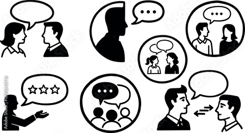 Black silhouette icons showing multiple conversations and dialogue speech bubbles in flat vector style communication concept