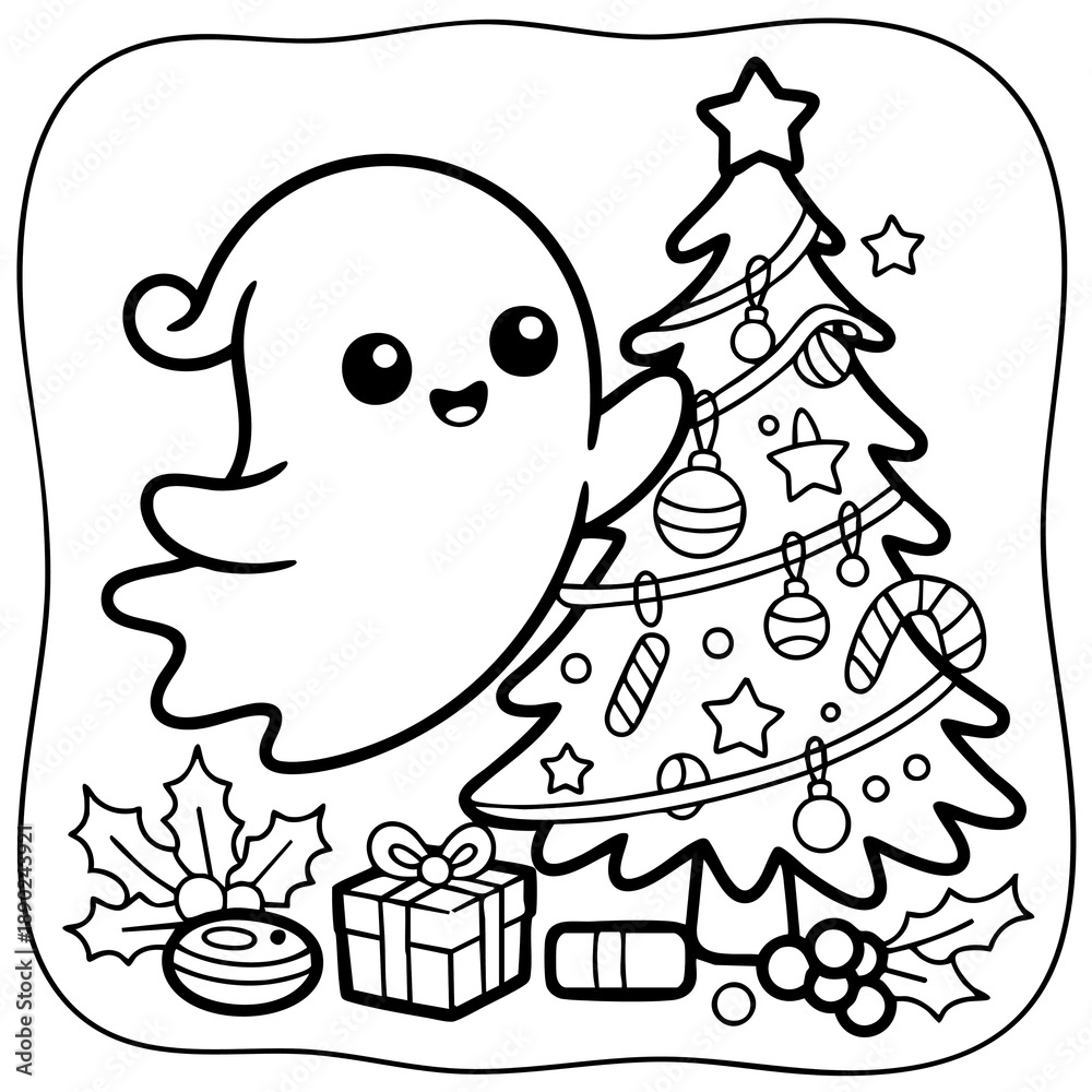 Naklejka premium A cheerful ghost decorates a Christmas tree surrounded by presents and festive ornaments, creating a playful holiday scene.
