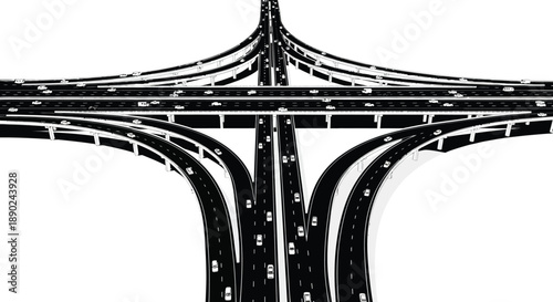 An intricate network of highway overpasses and connecting roadways is displayed in a striking black silhouette high quality professional detailed modern