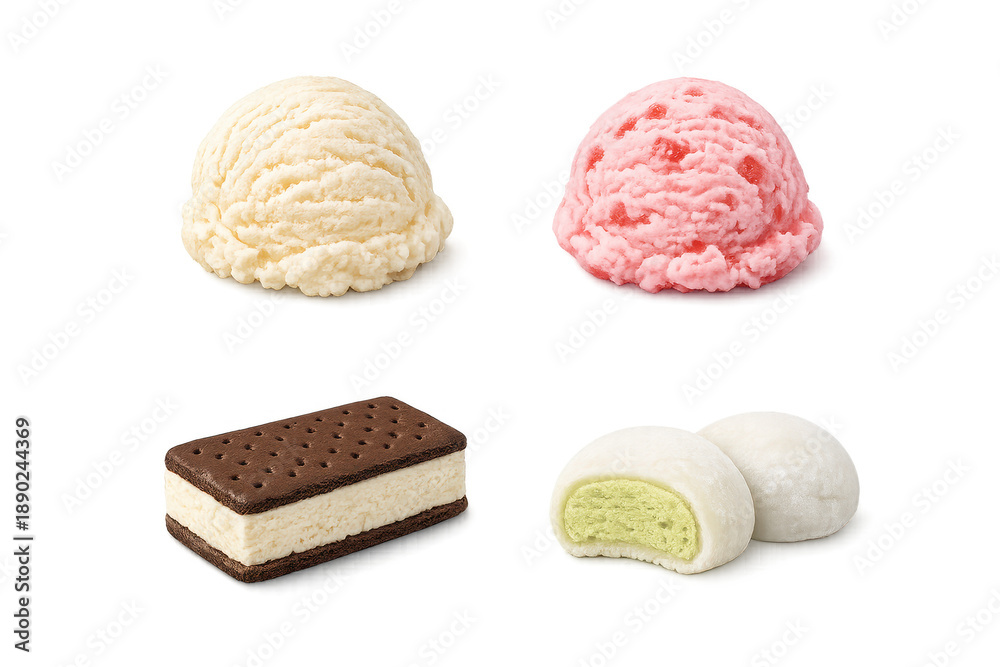 Fototapeta premium A collection of four frozen treats including vanilla and strawberry ice cream scoops, a classic ice cream sandwich, and green tea mochi on transparent.