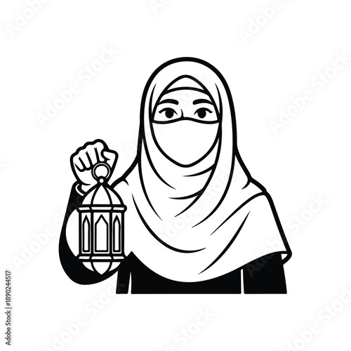 Woman wearing hijab and niqab holding a lantern
