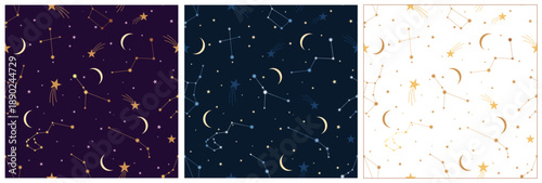 Set of seamless pattern with zodiac constellation. Vector illustration