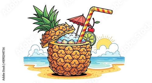 Tropical pineapple cocktail with straw, umbrella, and cherry on the beach.