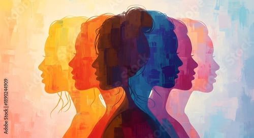 Multi colored silhouette of multiple faces in profile