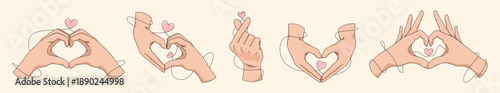 Set of hands making heart shape love gesture. Vector illustration