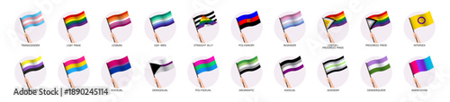 Set of hands holding LGBTQI+ pride waving flags. Support vector illustration