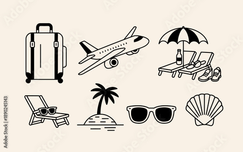 Travel icons set with vacation and leisure elements.
