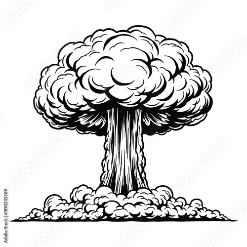A black and white illustration of a mushroom cloud explosion