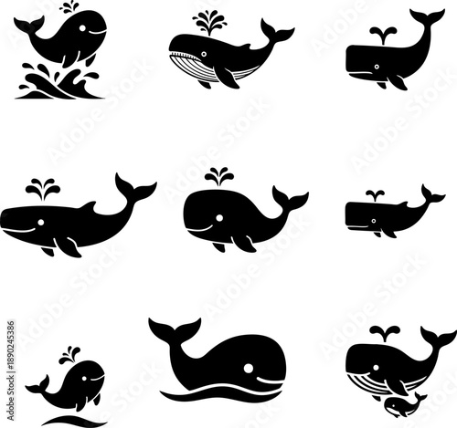 Minimalist Whale Silhouette Icon Set - Vector Illustrations of Whales Jumping and Spouting Water