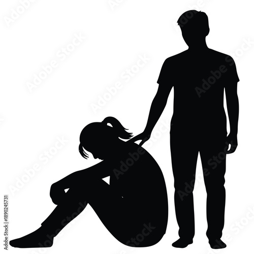 Silhouette graphic depicting a supportive man placing a comforting hand on the shoulder of a sitting, visibly distressed woman.