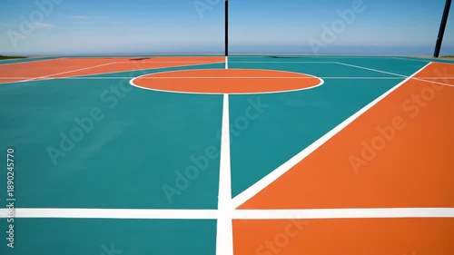 Colorful Outdoor Basketball Court with Hoop and Scenic Horizon
