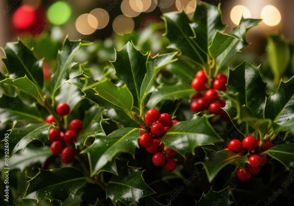 Fototapeta premium Vibrant red berries adorn glossy green holly leaves with festive bokeh lights