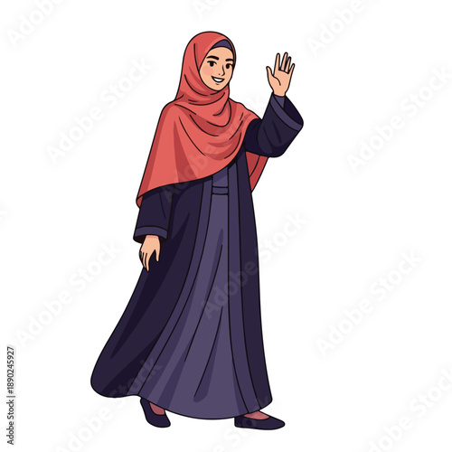 Woman wearing hijab and abaya waving her hand