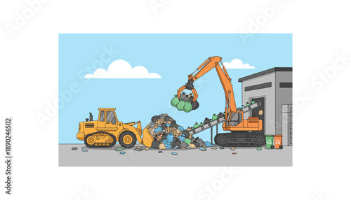 Heavy machinery sorting and processing waste at a recycling facility.