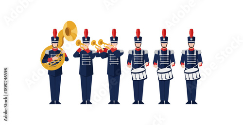 A marching band in full uniform playing various musical instruments.