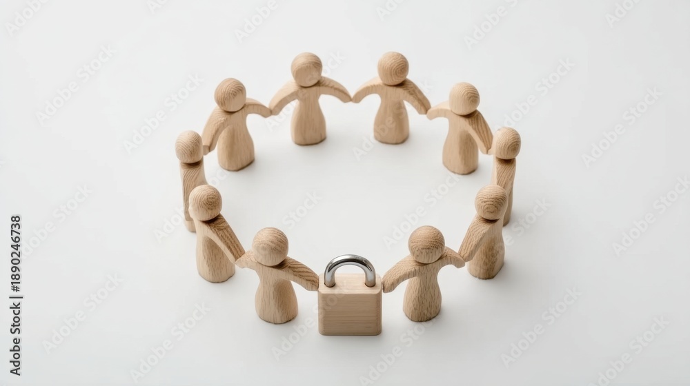 Obraz premium Wooden Human Figures Standing in Circle with a Lock Symbolizing Unity and Security in Community Relationships
