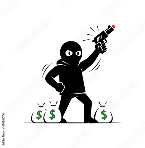 Cartoon thief with gun and money bags.