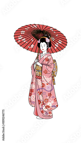 Elegant Japanese Woman in Kimono Holding a Traditional Red Umbrella.