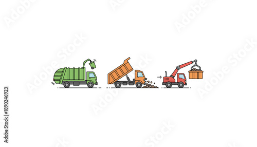 Three cartoon trucks - a garbage truck, a dump truck, and a crane truck.