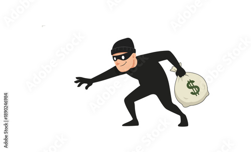 Cartoon Thief Running with Money Bag.